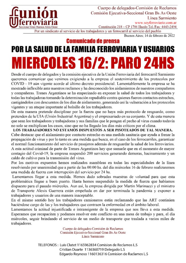 El comunicado de prensa difundido por la Unión Ferroviaria del Ferrocarril Sarmiento.