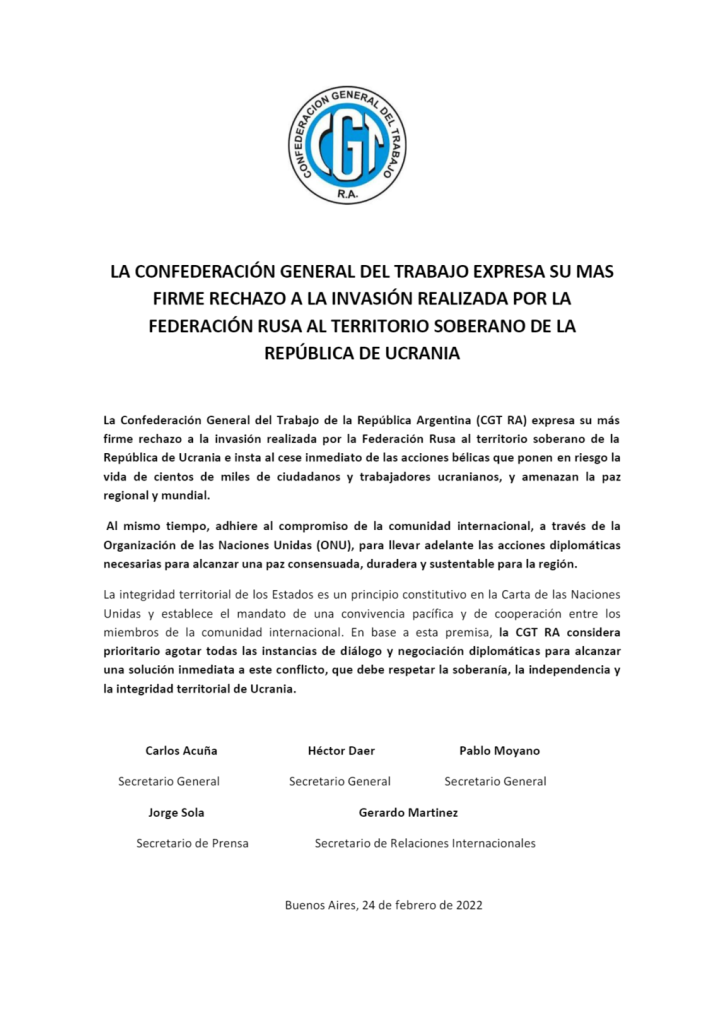 El comunicado de la CGT donde también expresó su adhesión a la ONU.