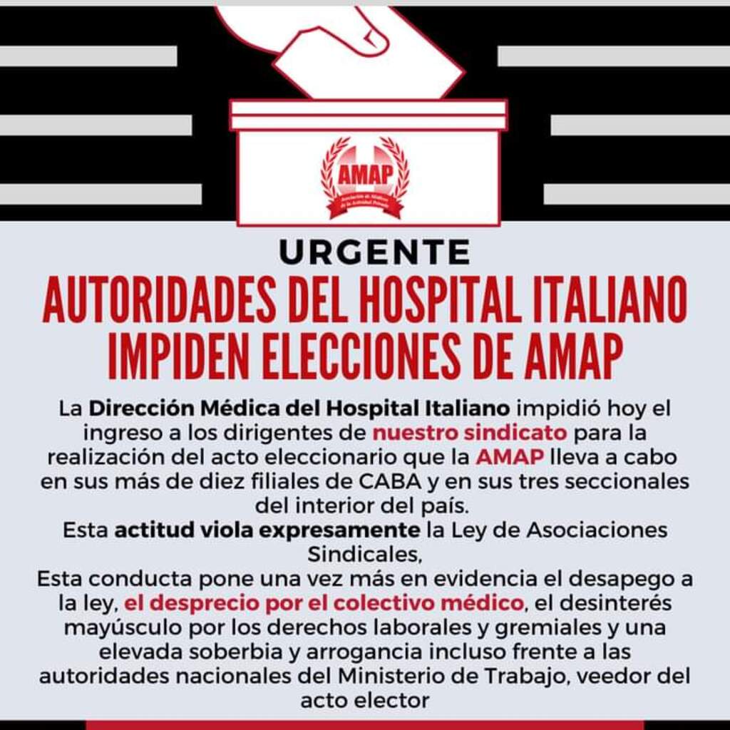 El comunicado difundido a la prensa por la AMAP para denunciar las irregularidades en el Hospital Italiano.
