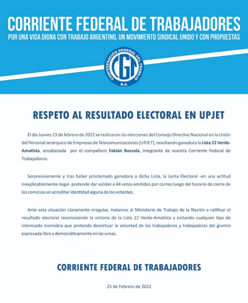 El comunicado de la Corriente Federal de Trabajadores, respaldando el reclamo del oficialismo.