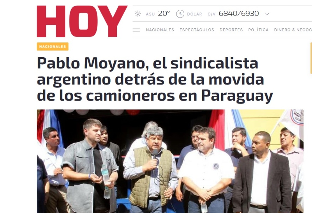 El diario Hoy apuntó directamente a Pablo Moyano, quien en 2019 estuvo en el lanzamiento de la Central Obrera y Transporte de Paraguay.