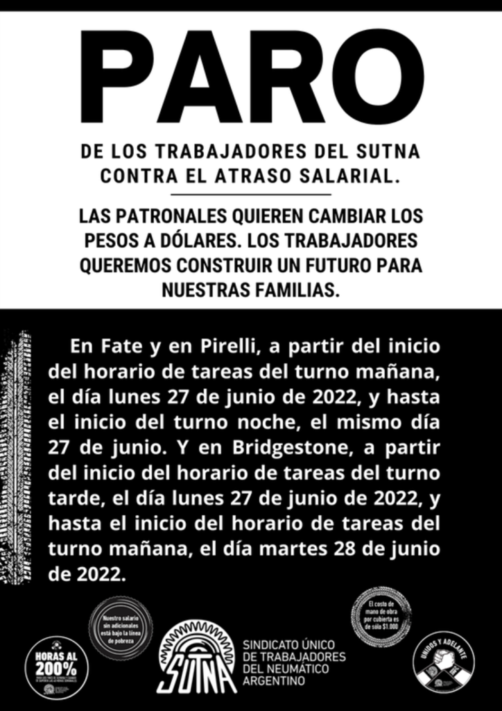 El comunicado difundido desde el SUTNA para anunciar la nueva medida de fuerza.