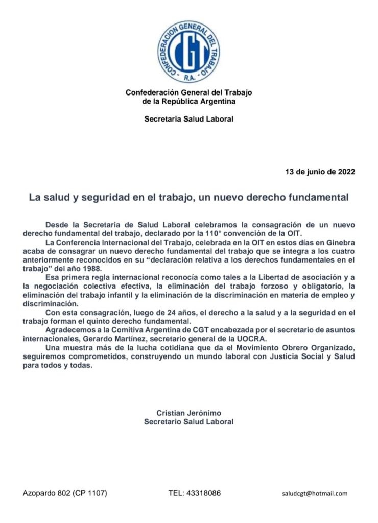 El comunicado emitido desde la Secretaría de Salud Laboral de la CGT, con la firma de Cristian Jerónimo.