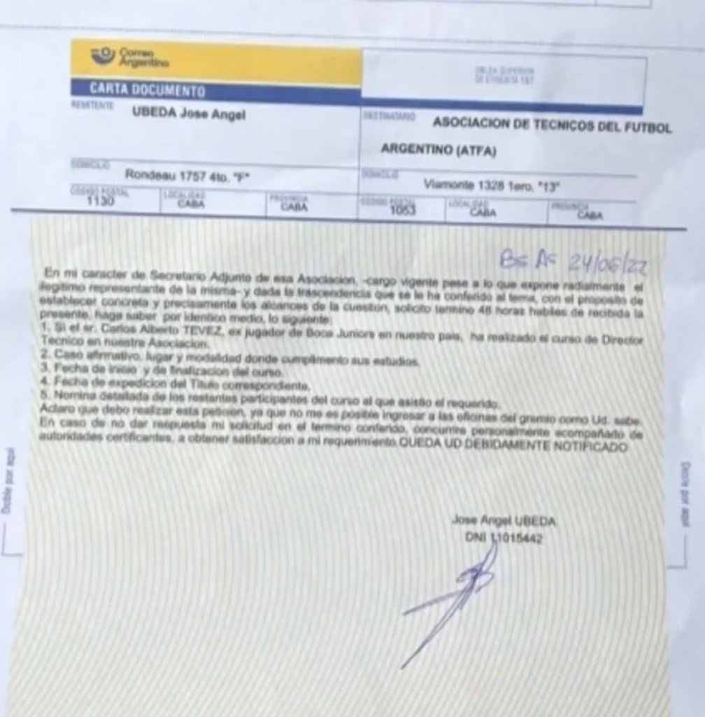 La carta documento que envió el secretario adjunto de la ATFA a su propio gremio.
