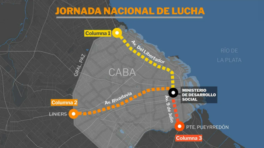 El detalle de cómo ingresarán las columnas a la Ciudad de Buenos Aires para dirigirse al Ministerio de Desarrollo Social.