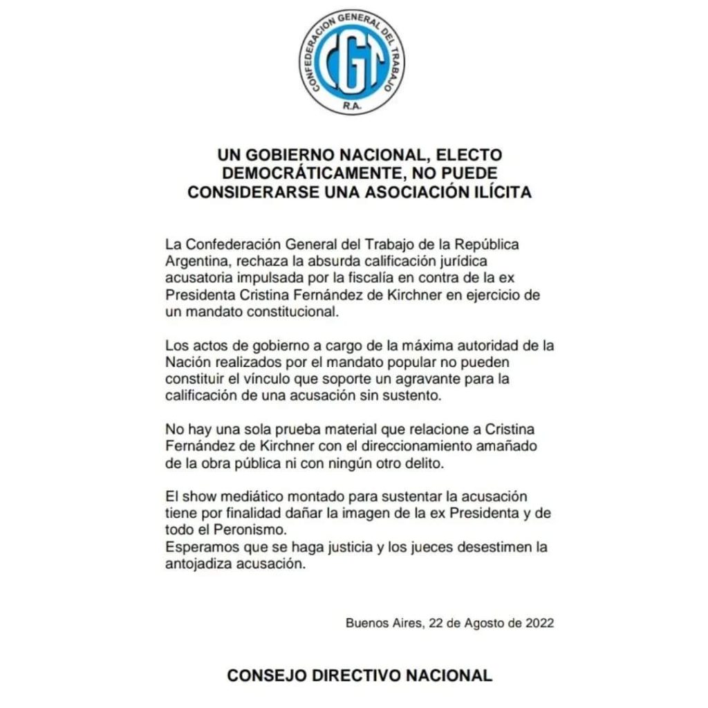 El comunicado de prensa de la CGT en defensa de Cristina Kirchner.