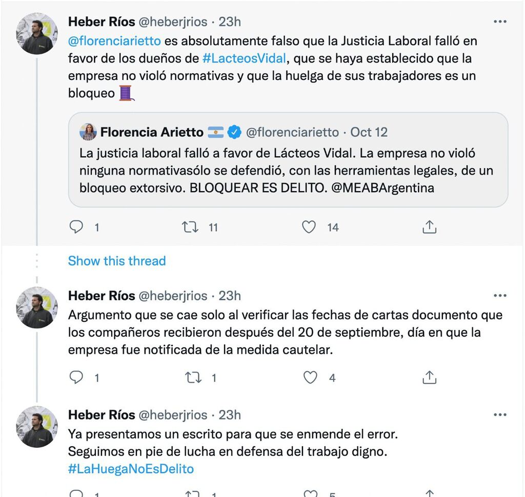 El cruce en Twitter entre el dirigente de ATILRA, Heber Ríos, y Arietto.