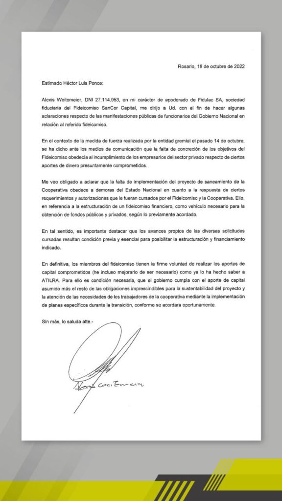 La carta enviada por Alexis Weitemeier, apoderado del fideicomiso, al secretario general de ATILRA, Héctor Ponce.