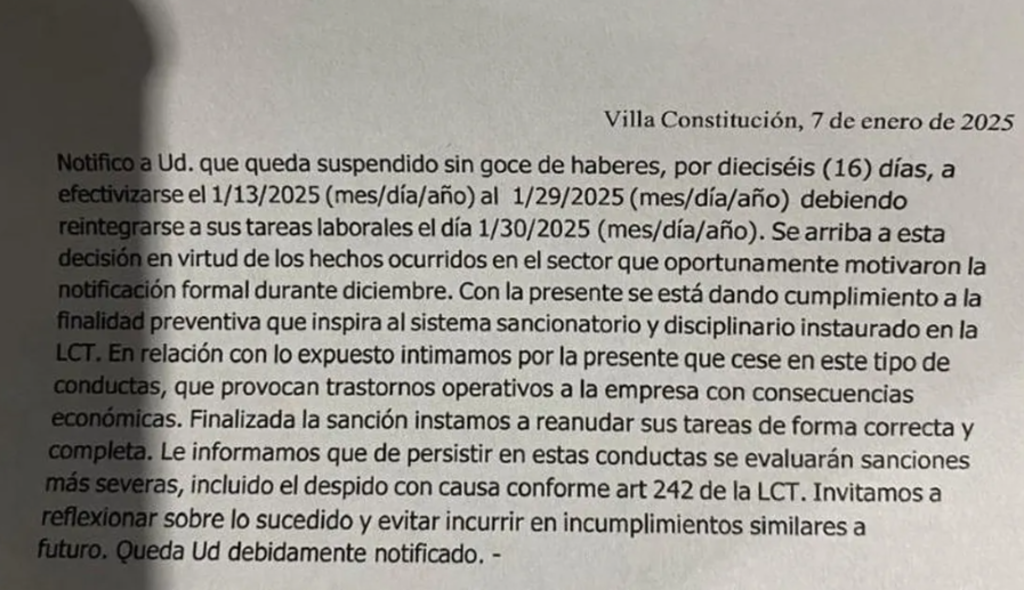 Uno de los telegramas que la empresa está enviando a sus trabajadores.