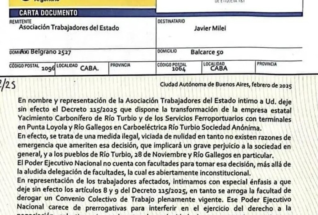 YCRT, Carta documento de ATE